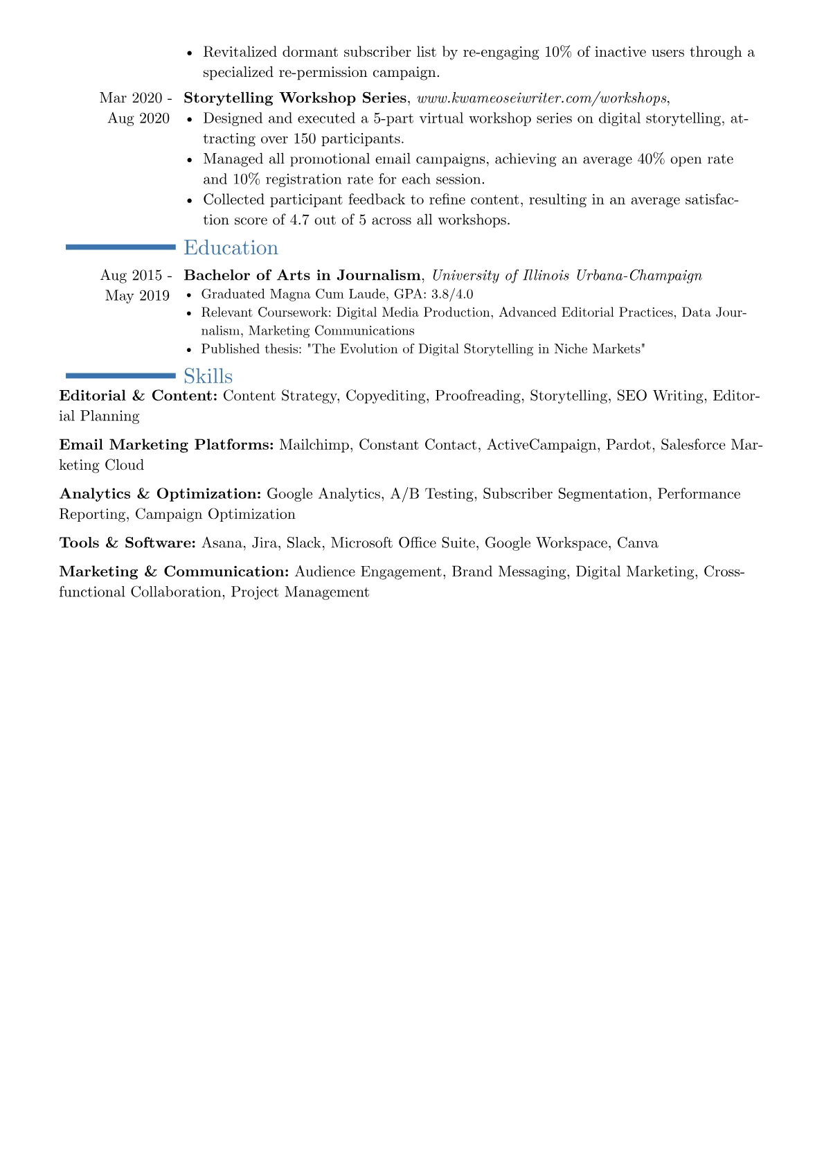 Newsletter Editor resume example, Career changer, page 2