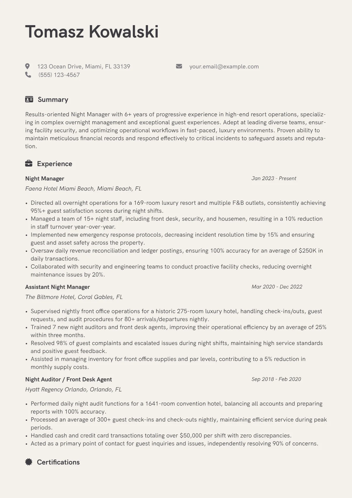 Night Manager resume example, Luxury Resort Night, page 1