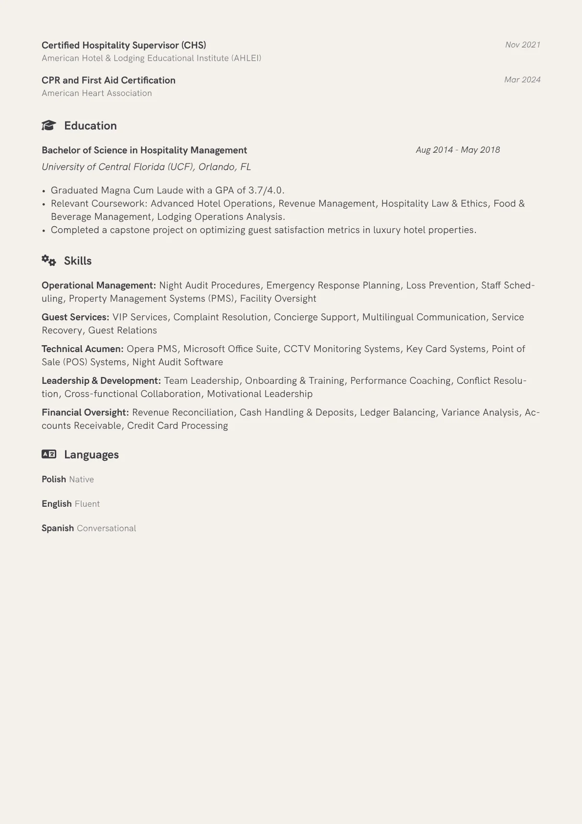 Night Manager resume example, Luxury Resort Night, page 2
