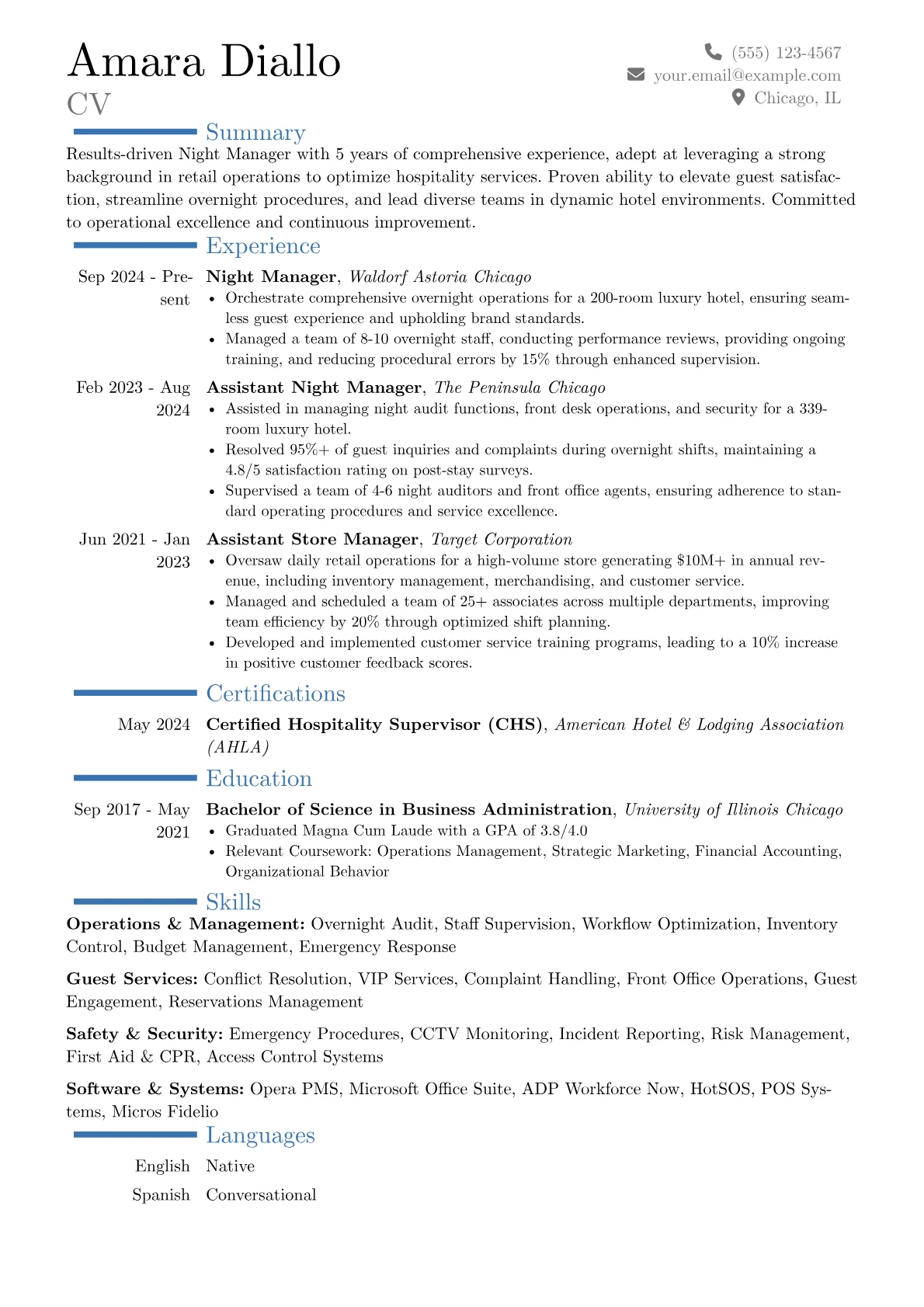 Night Manager resume example, Career changer, page 1