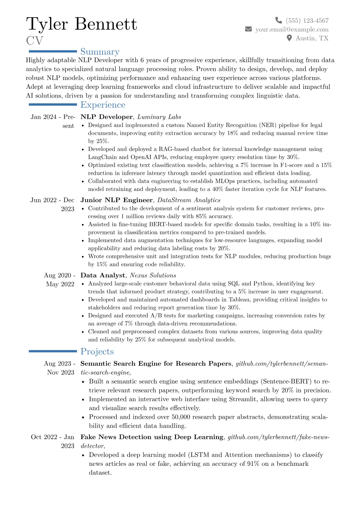 NLP Developer resume example, Career changer, page 1