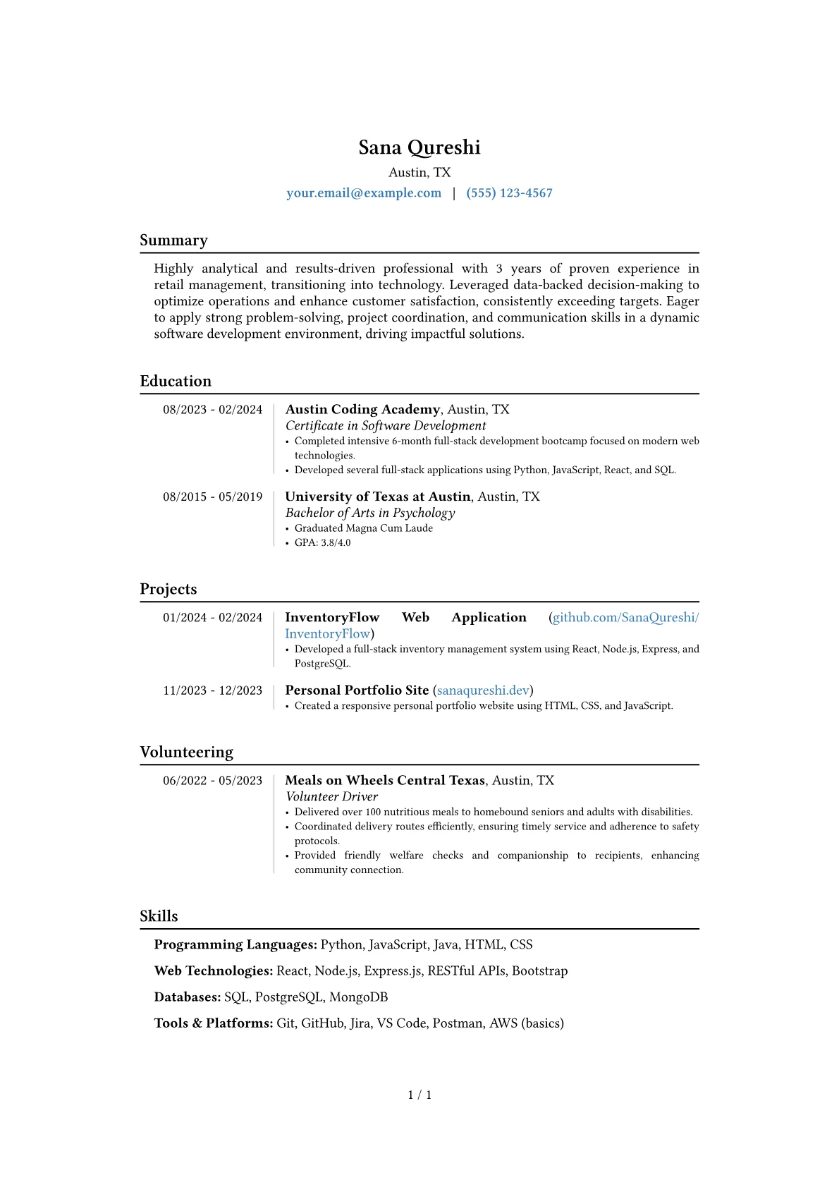 No Experience resume example, Career changer, page 1