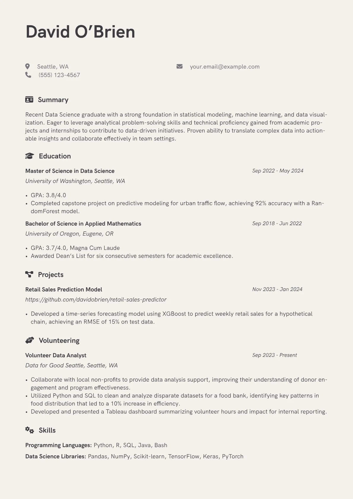 No Work Experience resume example, Entry-Level Data Scientist, page 1