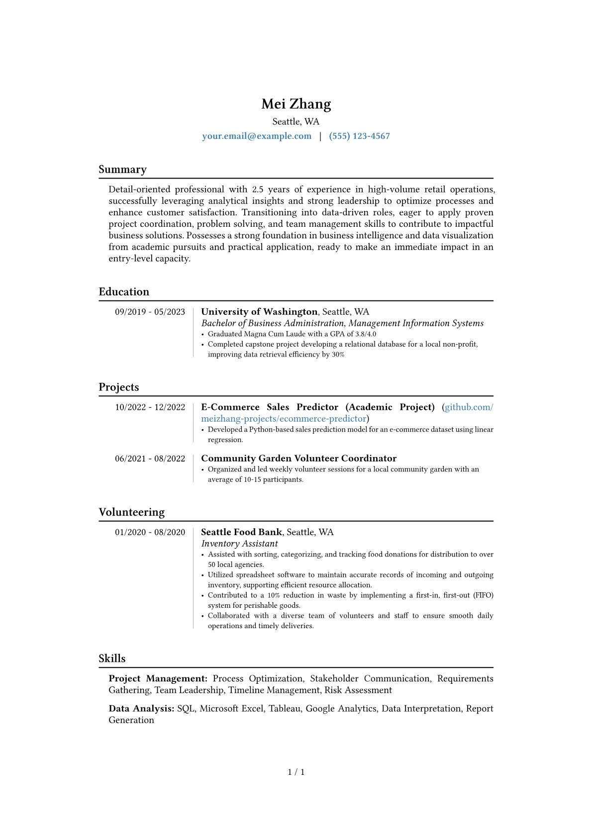 No Work Experience resume example, Career changer, page 1