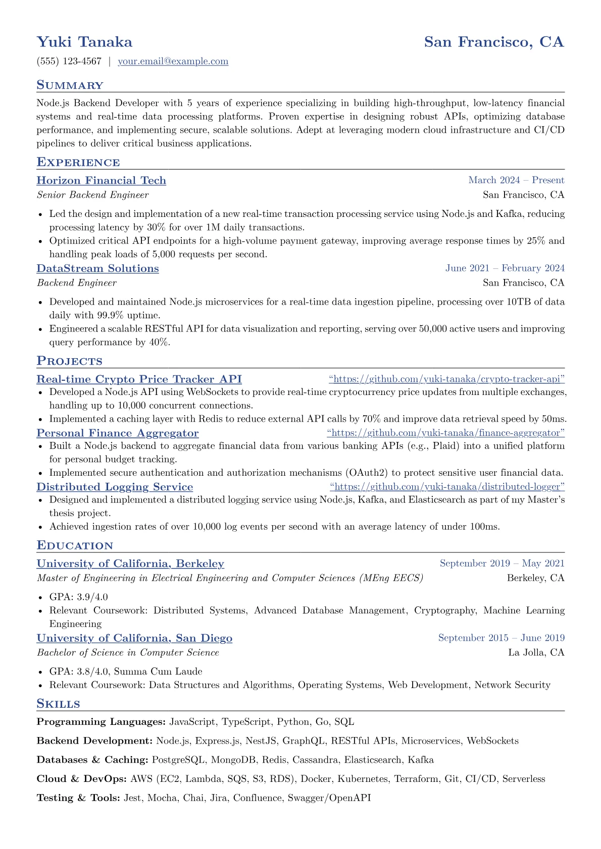 Node.js Backend Developer resume example, Node.js Backend, page 1