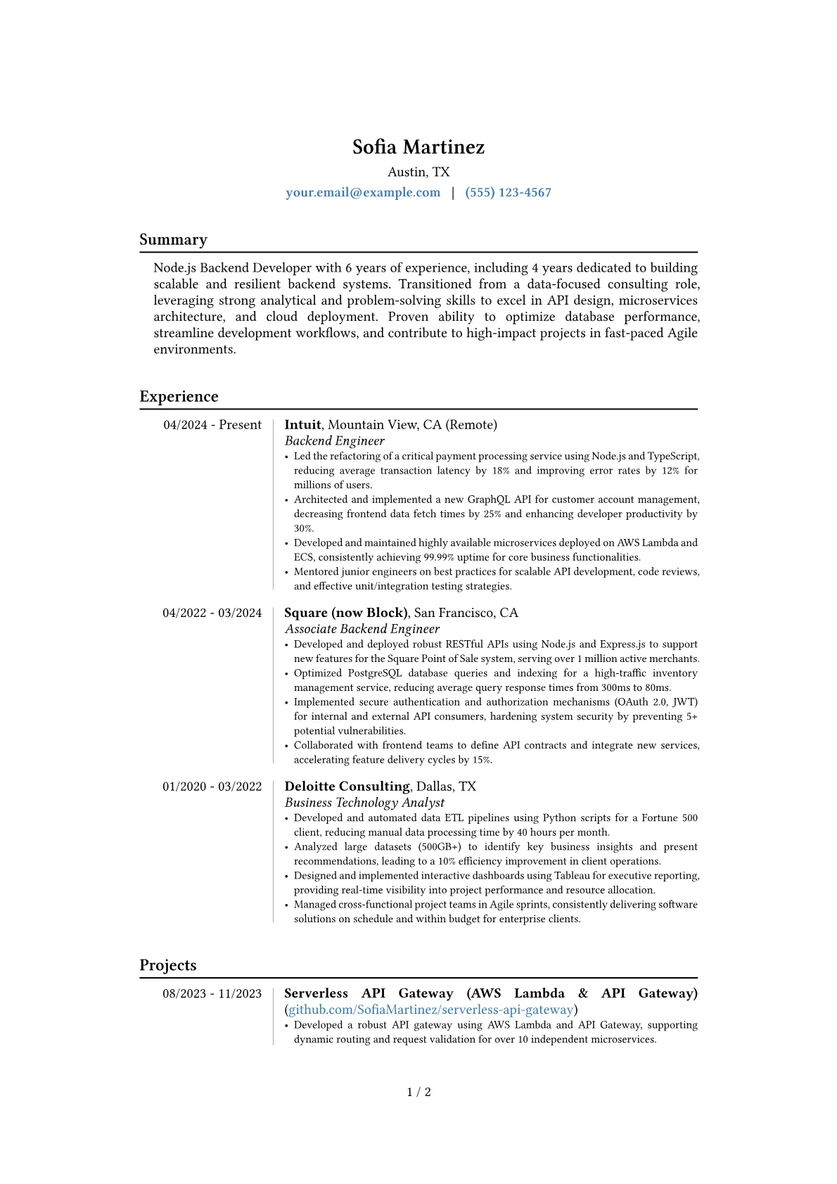 Node.js Backend Developer resume example, Career changer, page 1