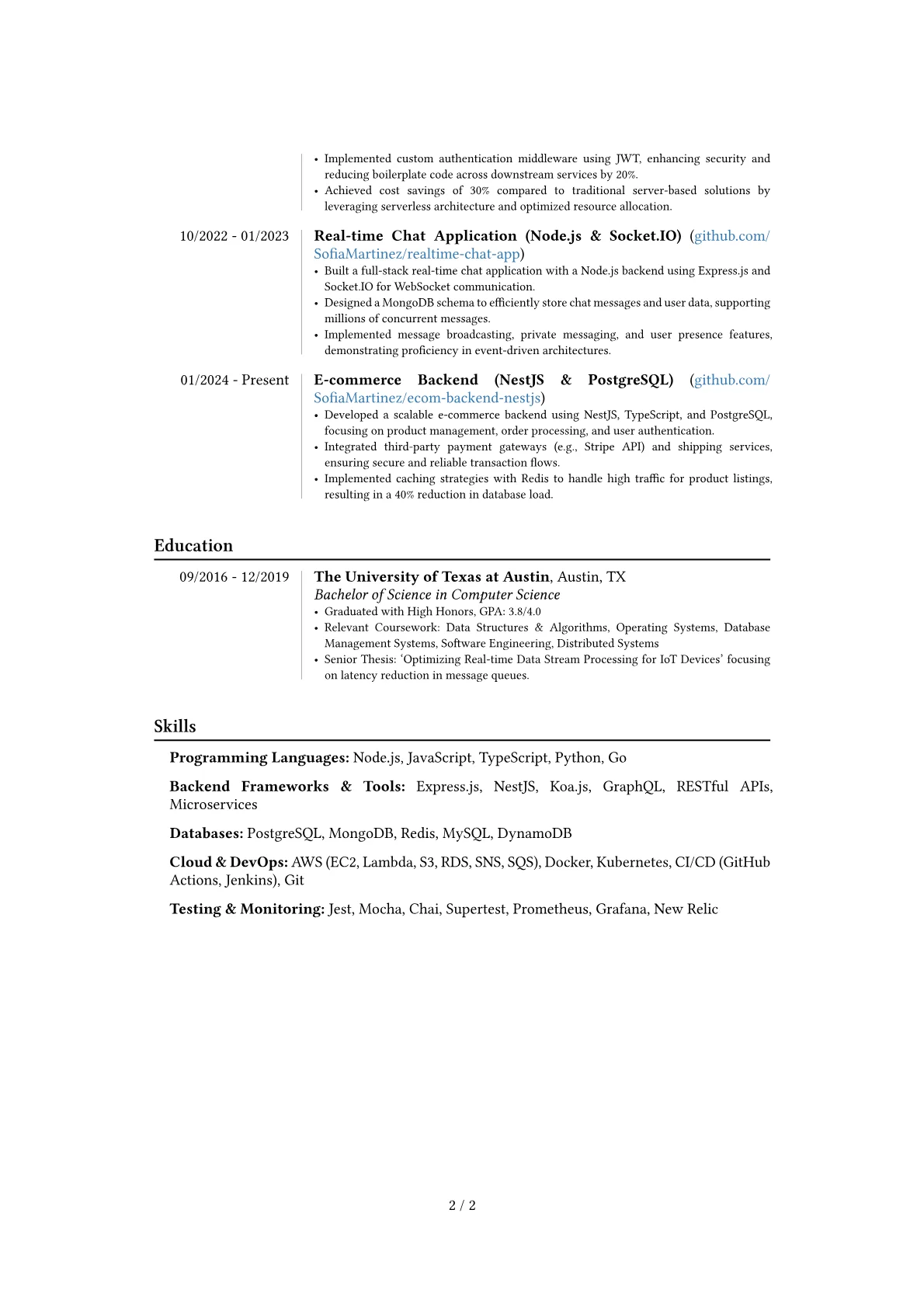 Node.js Backend Developer resume example, Career changer, page 2