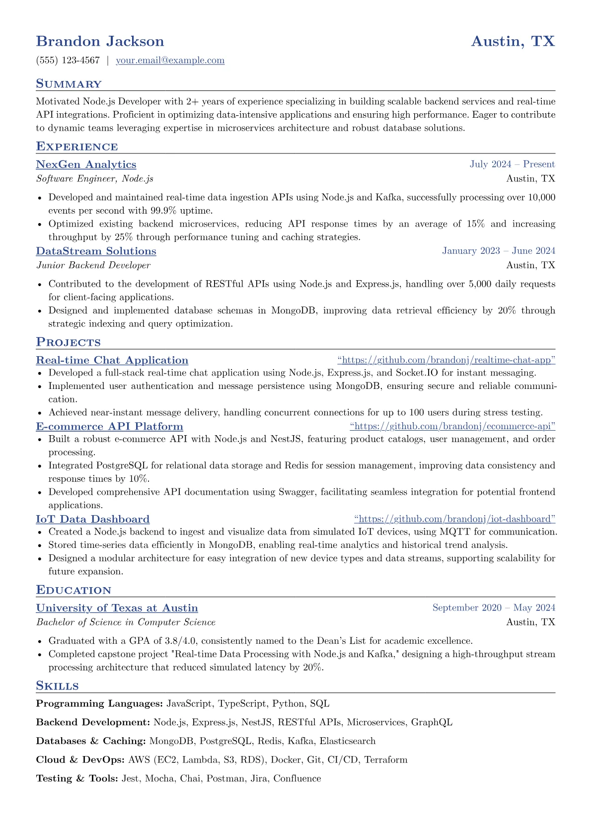 Node.js Fresher resume example, Node.js Developer, page 1