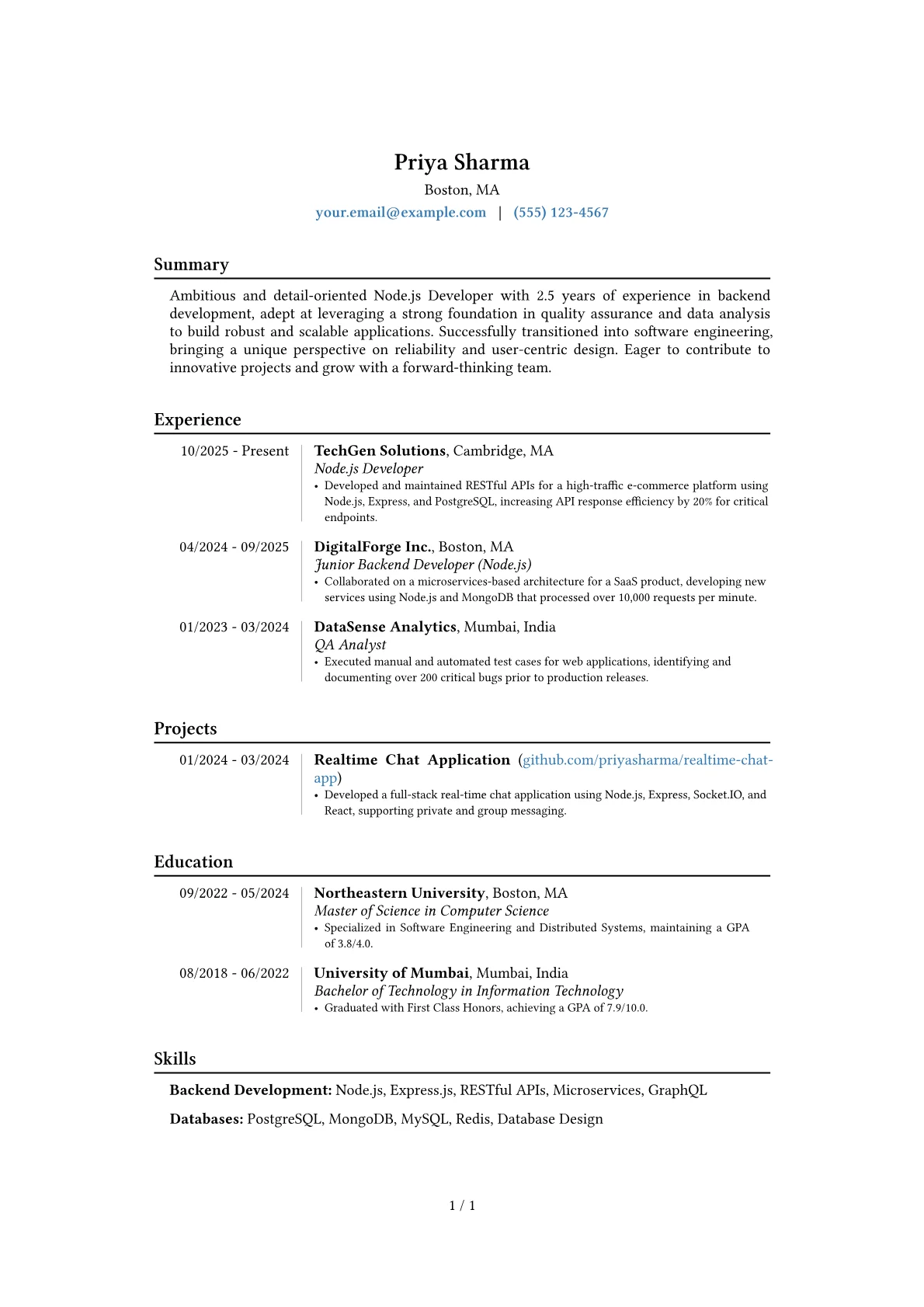 Node.js Fresher resume example, Career changer, page 1
