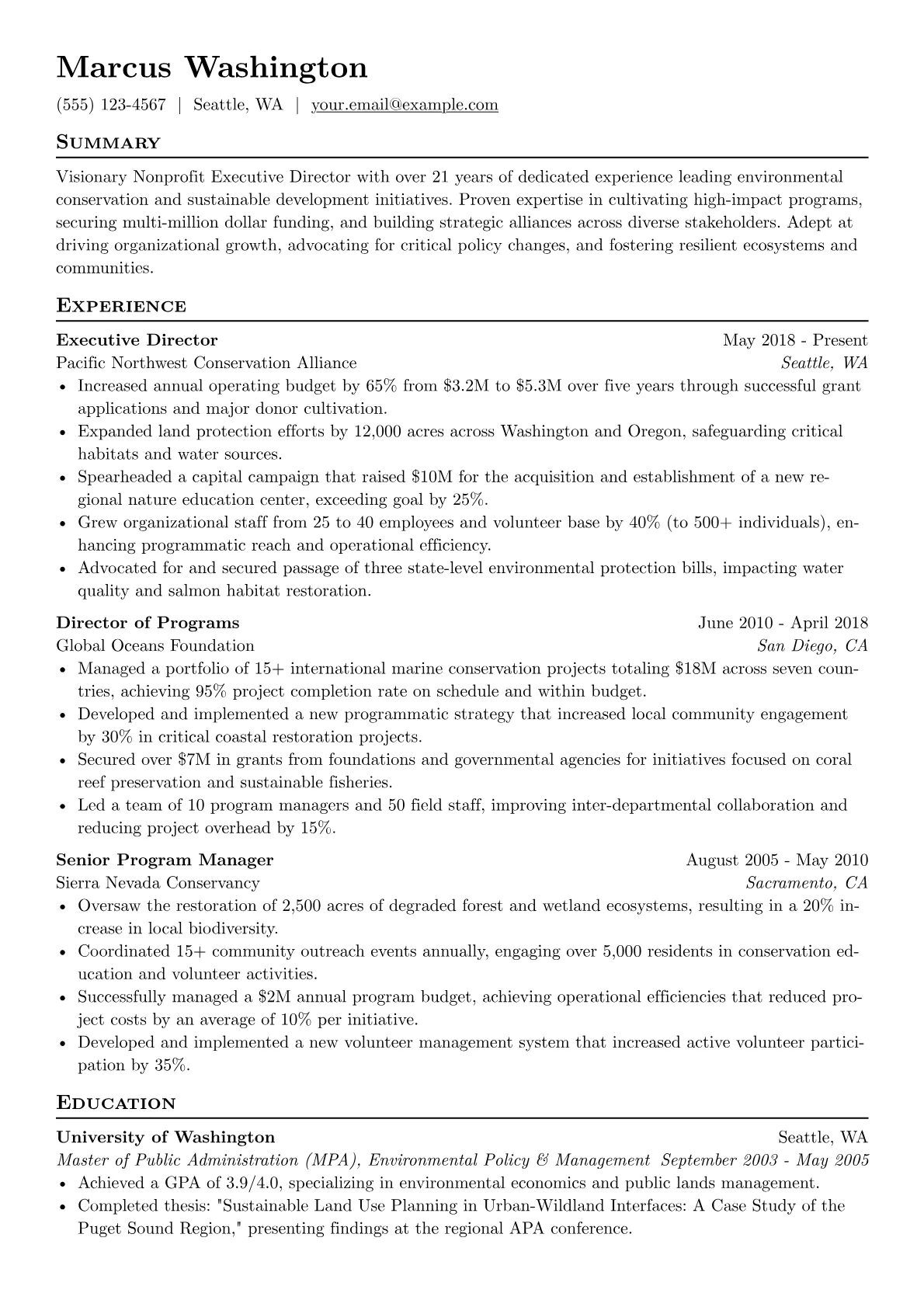 Nonprofit Executive Director resume example, Environmental Conservation, page 1