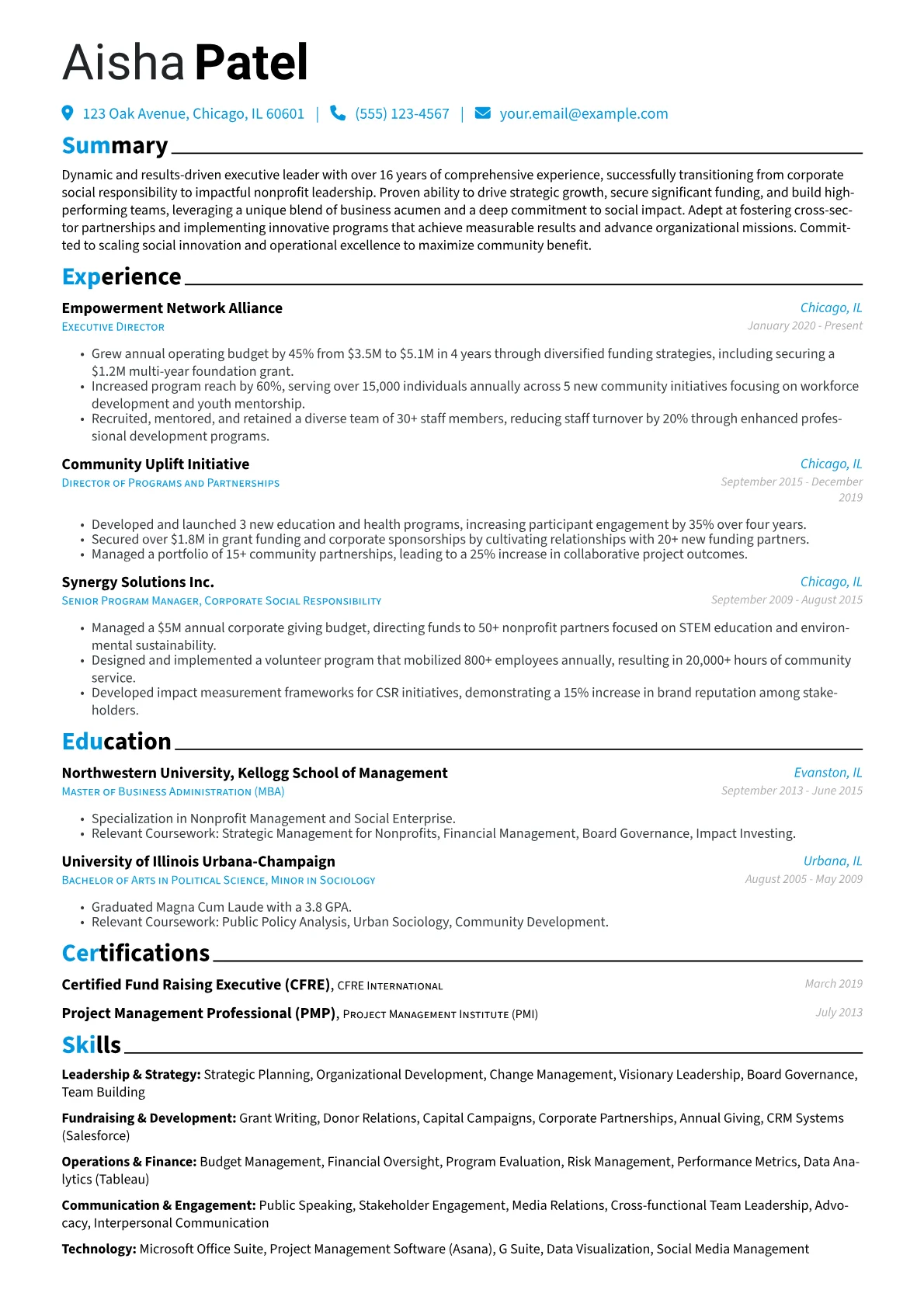 Nonprofit Executive Director resume example, Career changer, page 1