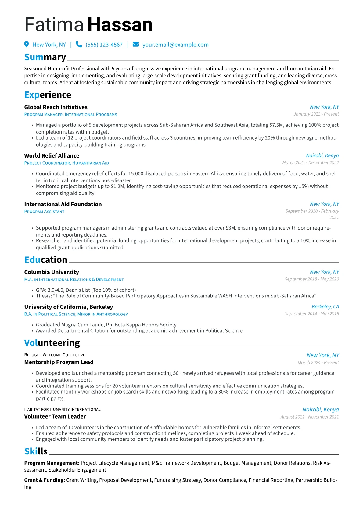 Nonprofit Professional resume example, International Development, page 1