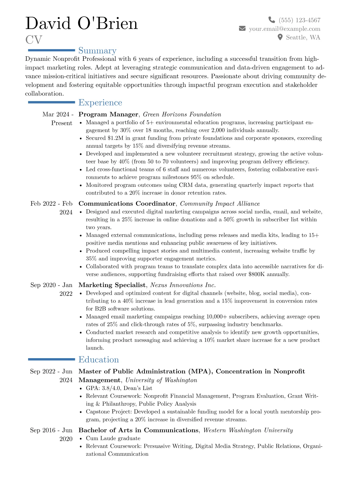 Nonprofit Professional resume example, Career changer, page 1