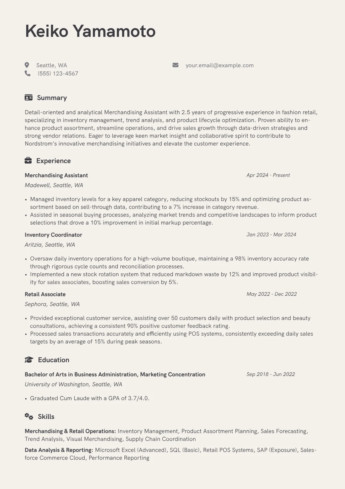 Nordstrom resume example, Merchandising Assistant, page 1
