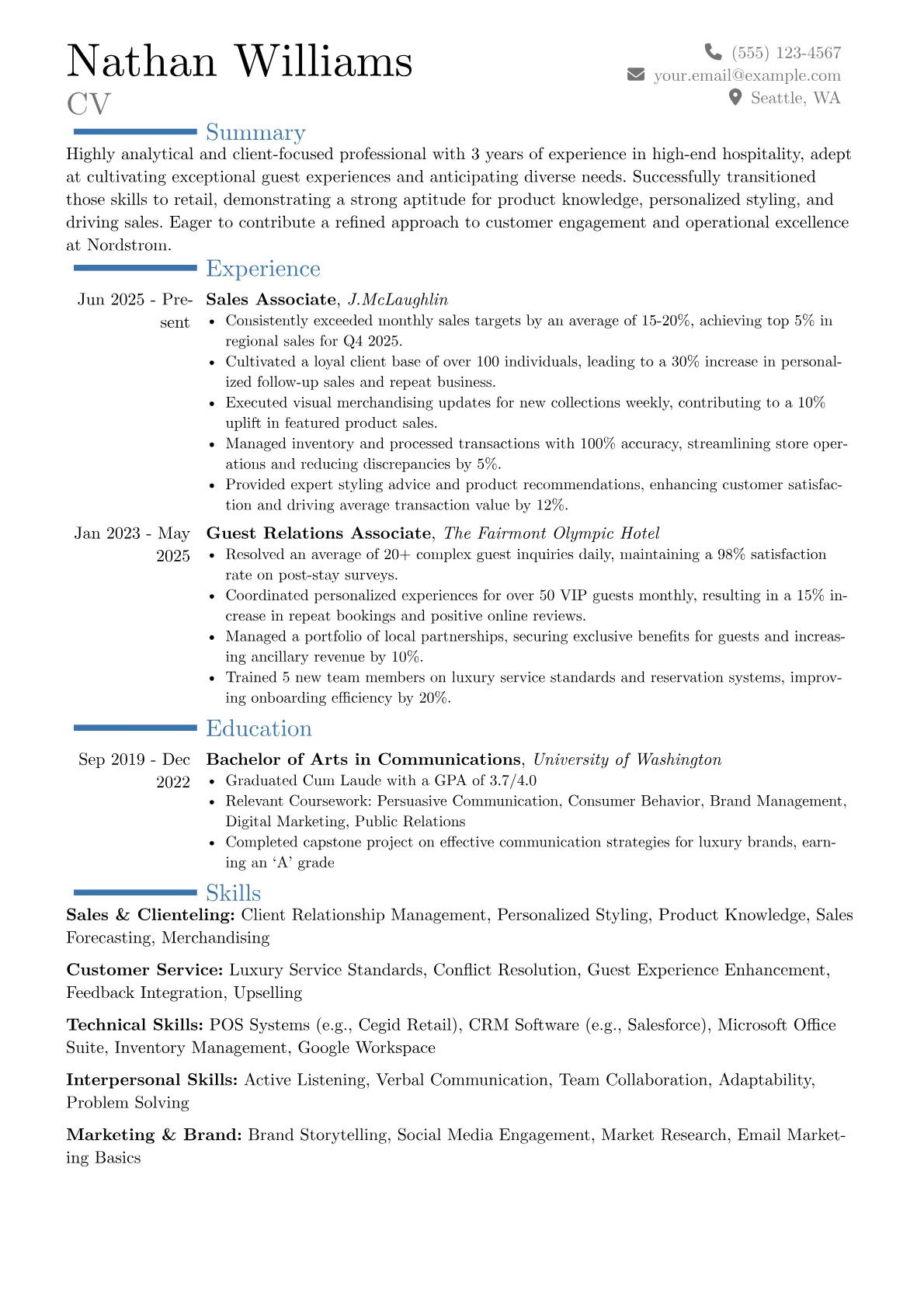 Nordstrom resume example, Career changer, page 1