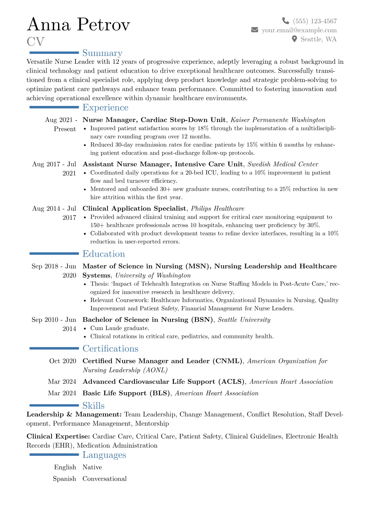 Nurse Leader resume example, Career changer, page 1
