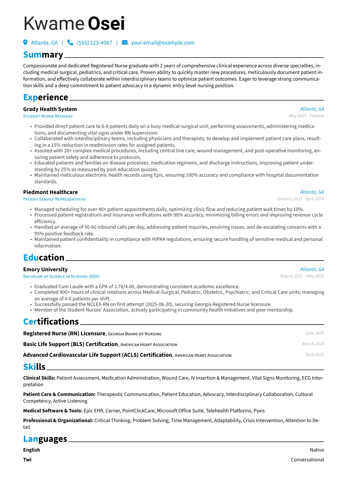 Nurse (No Experience) resume example, Nurse, page 1