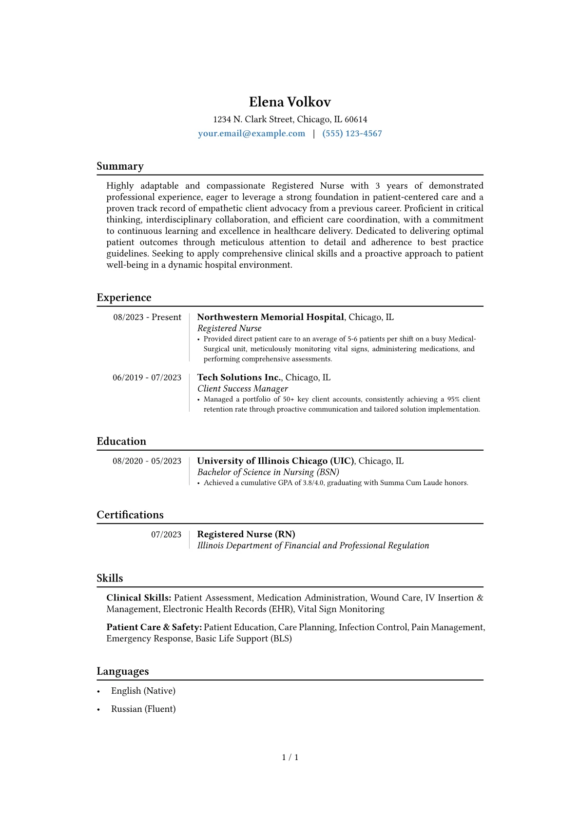 Nurse (No Experience) resume example, Career changer, page 1