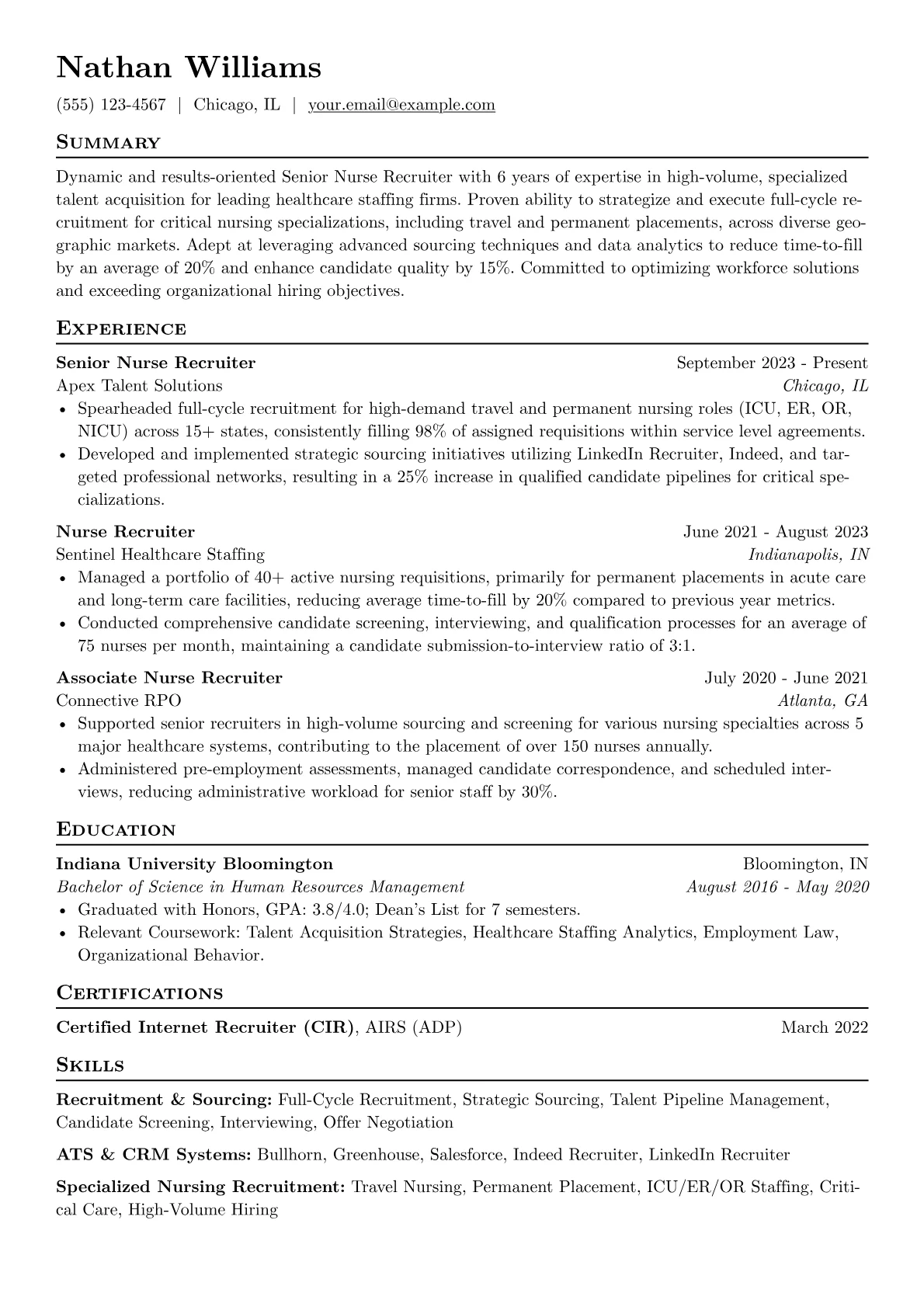 Nurse Recruiter resume example, Senior Nurse Recruiter, page 1