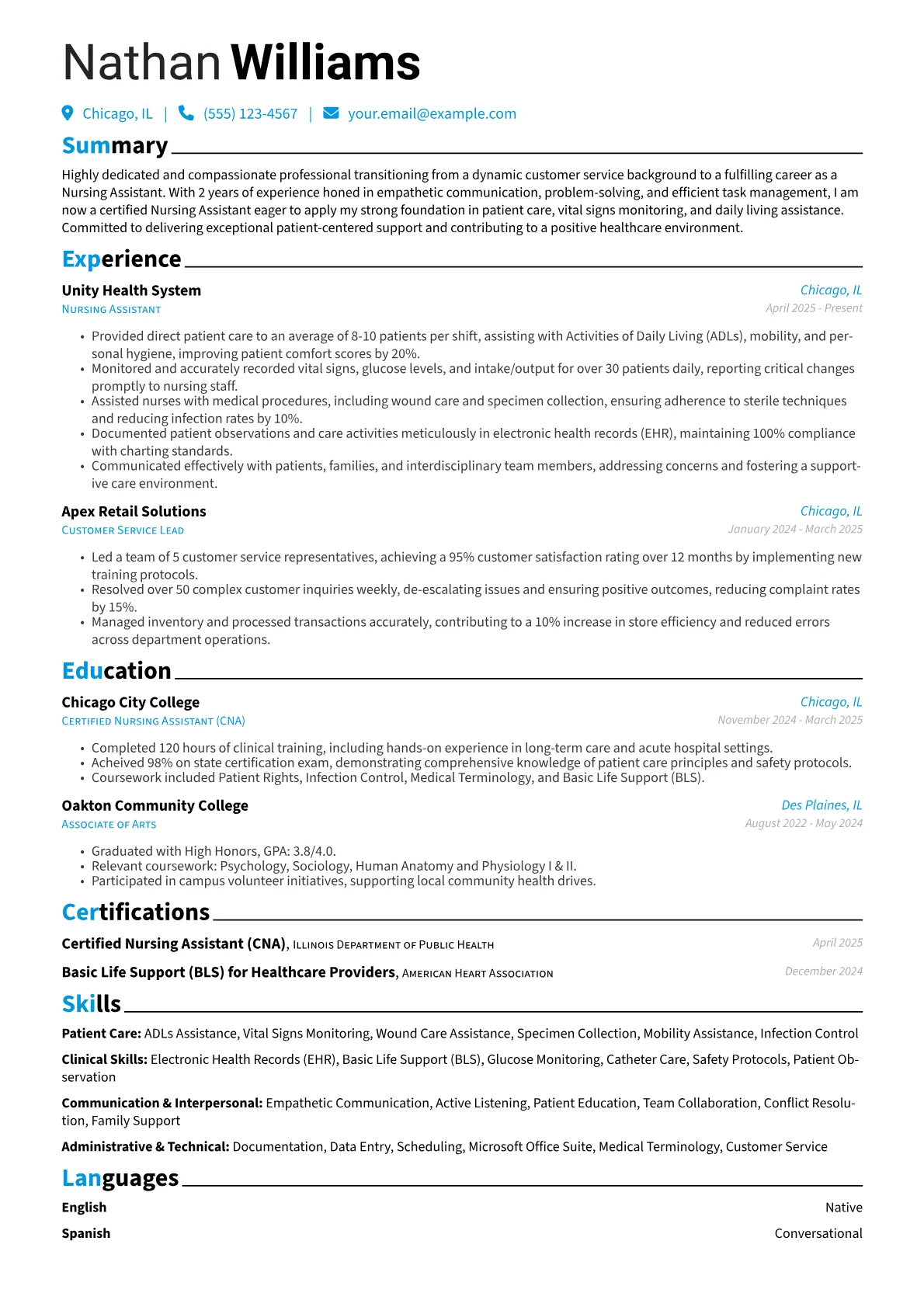 Nursing Assistant No Experience resume example, Career changer, page 1