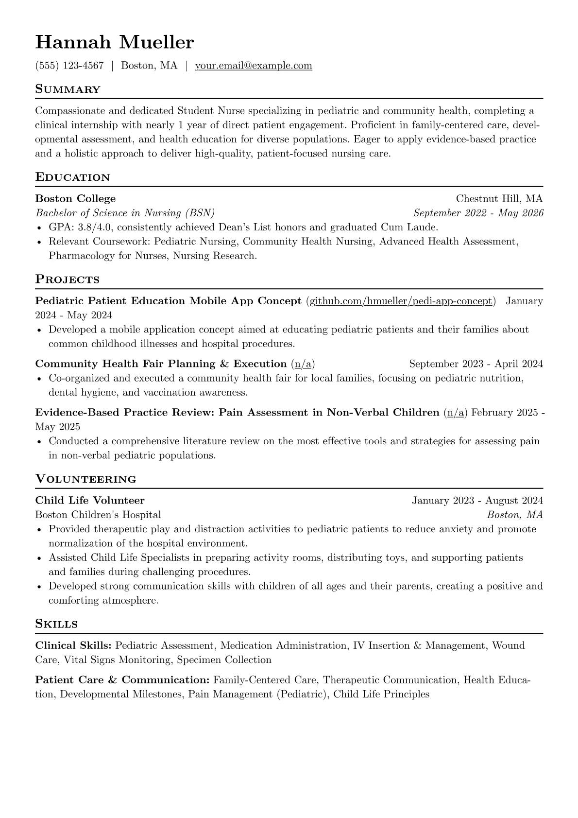 Nursing Internship resume example, Pediatric/Community Health, page 1