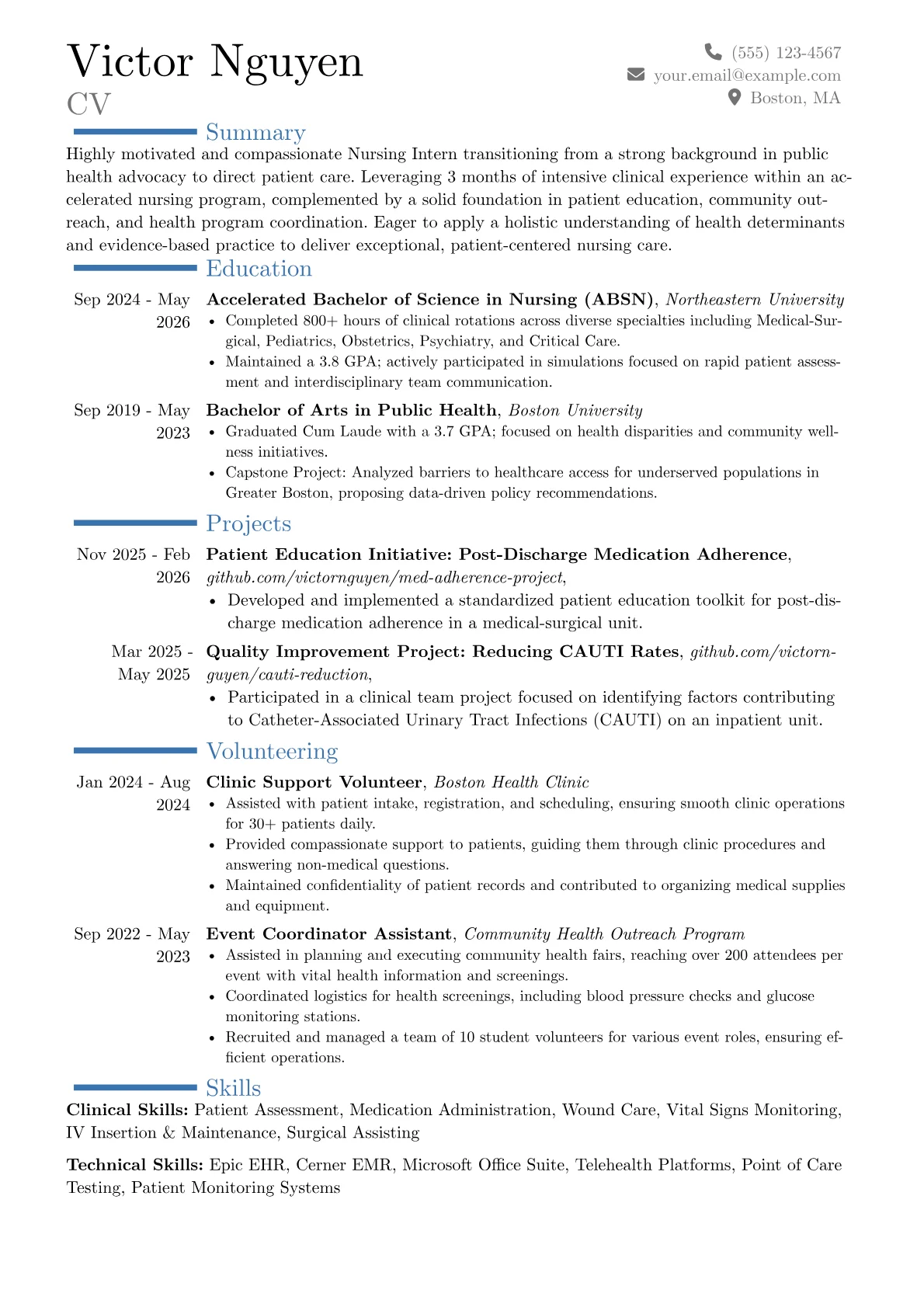 Nursing Internship resume example, Career changer, page 1