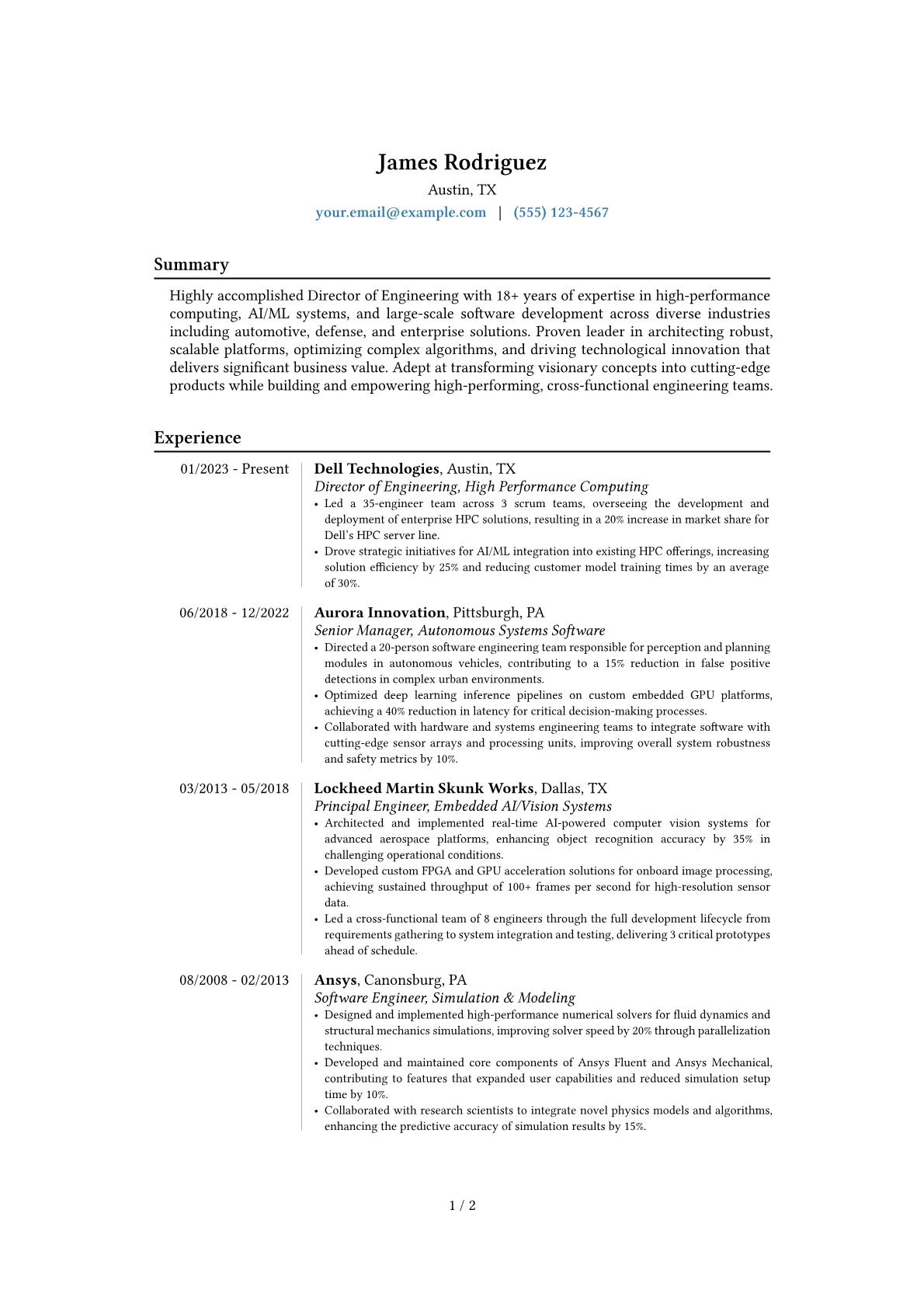 NVIDIA Director of Engineering resume example, Career changer, page 1