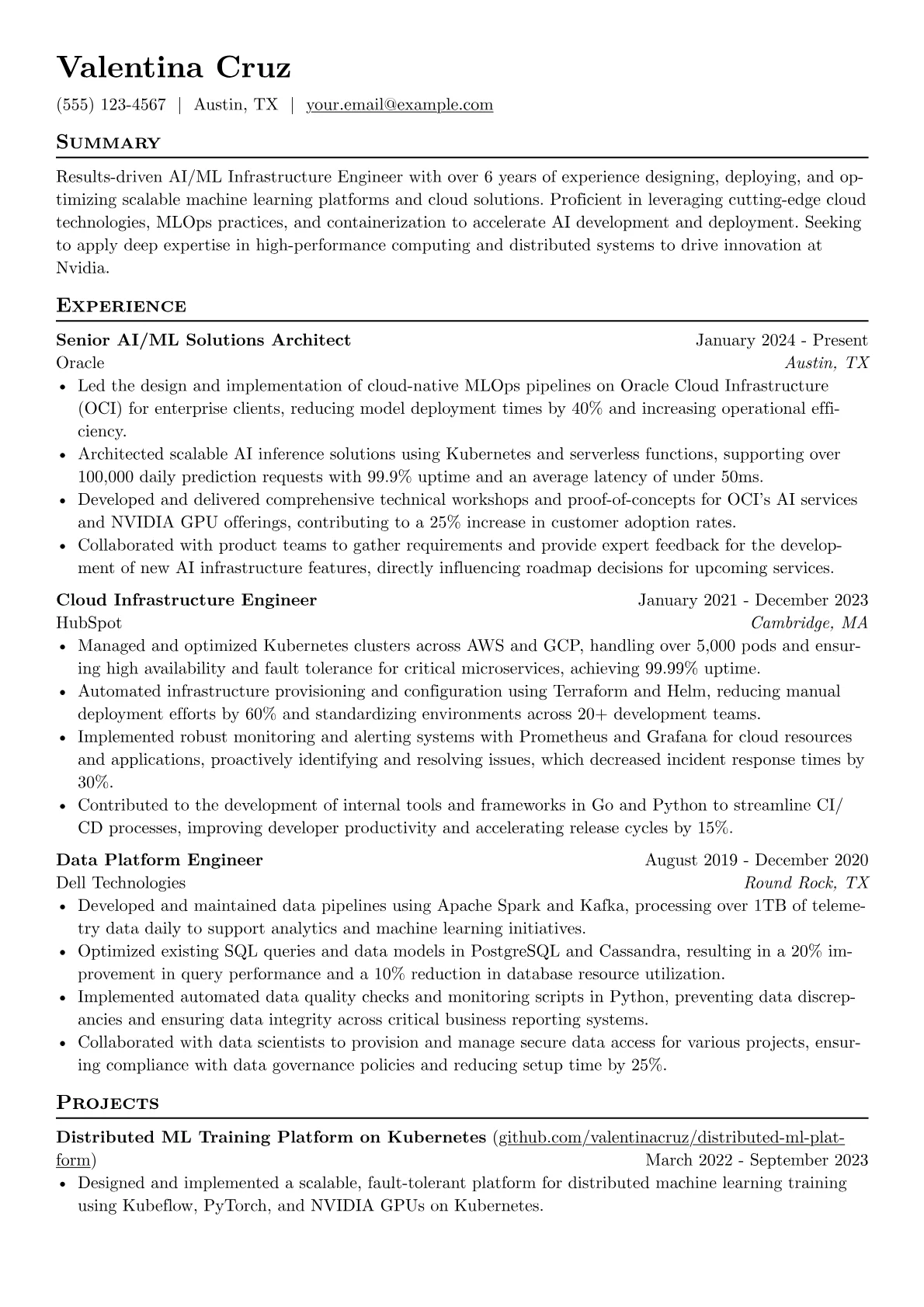 Nvidia resume example, AI/ML Infrastructure, page 1