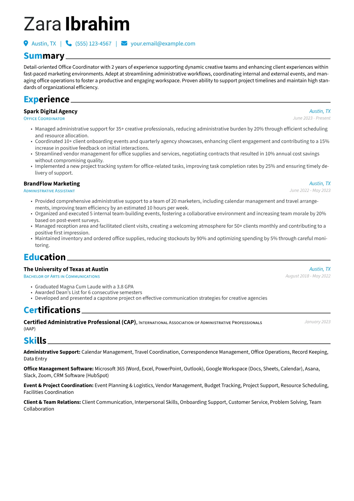 Office Coordinator resume example, Creative Agency Office, page 1