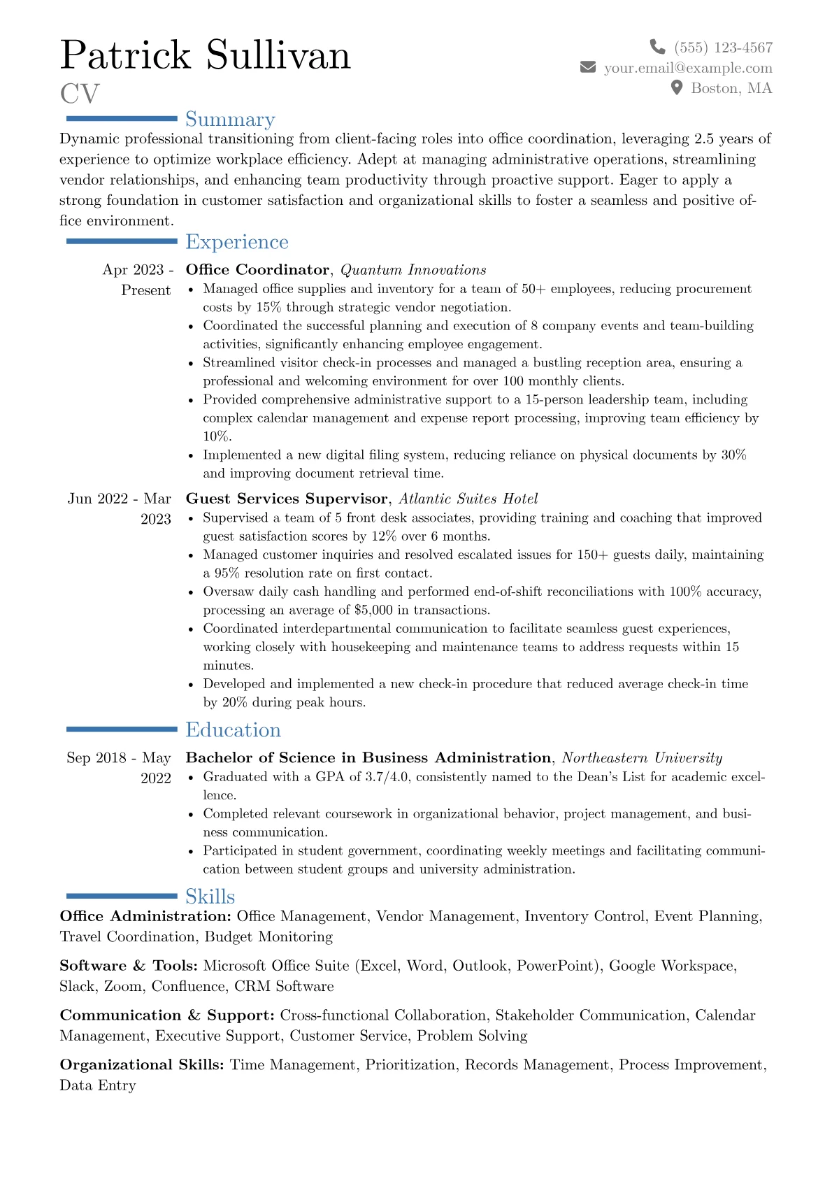 Office Coordinator resume example, Career changer, page 1