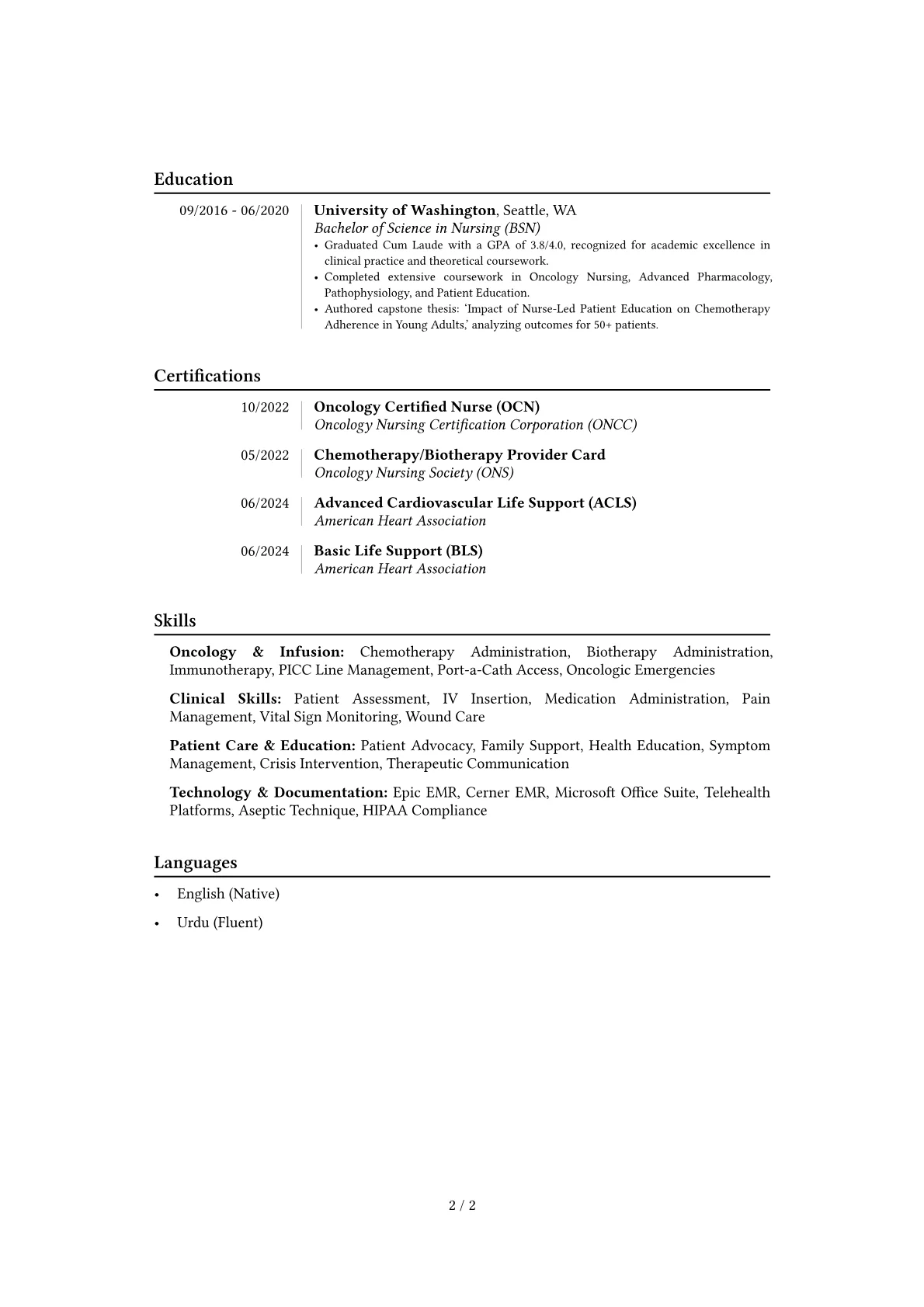 Oncology Infusion Nurse resume example, Career changer, page 2