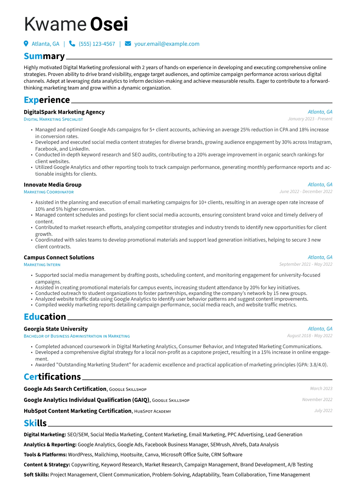 One-Page resume example, Digital Marketing, page 1