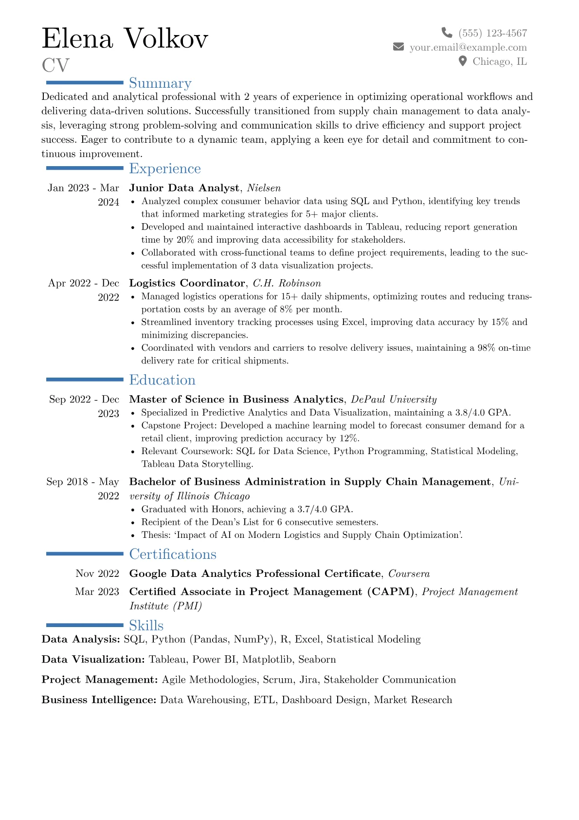 One-Page resume example, Career changer, page 1