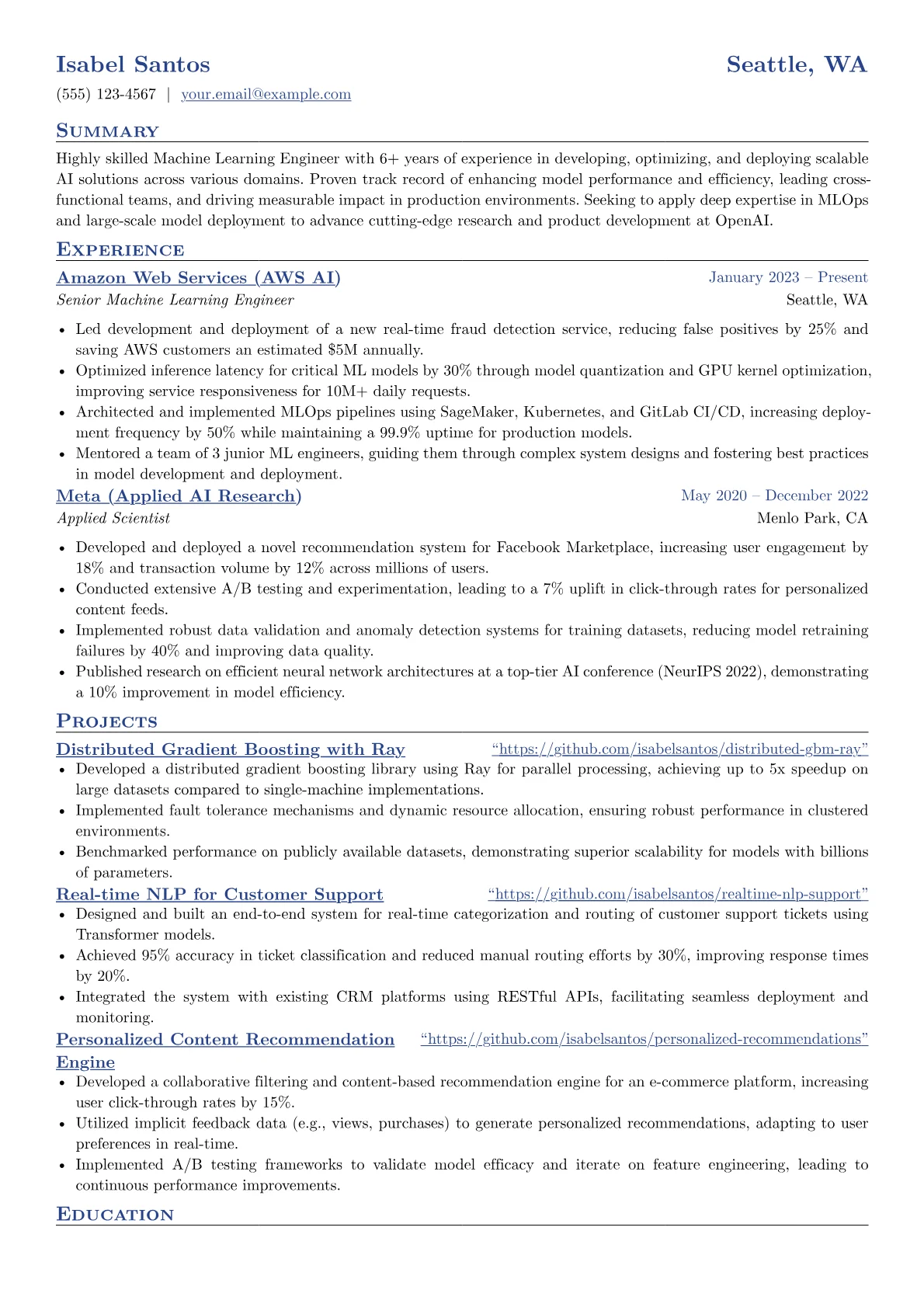OpenAI resume example, Senior Machine Learning, page 1