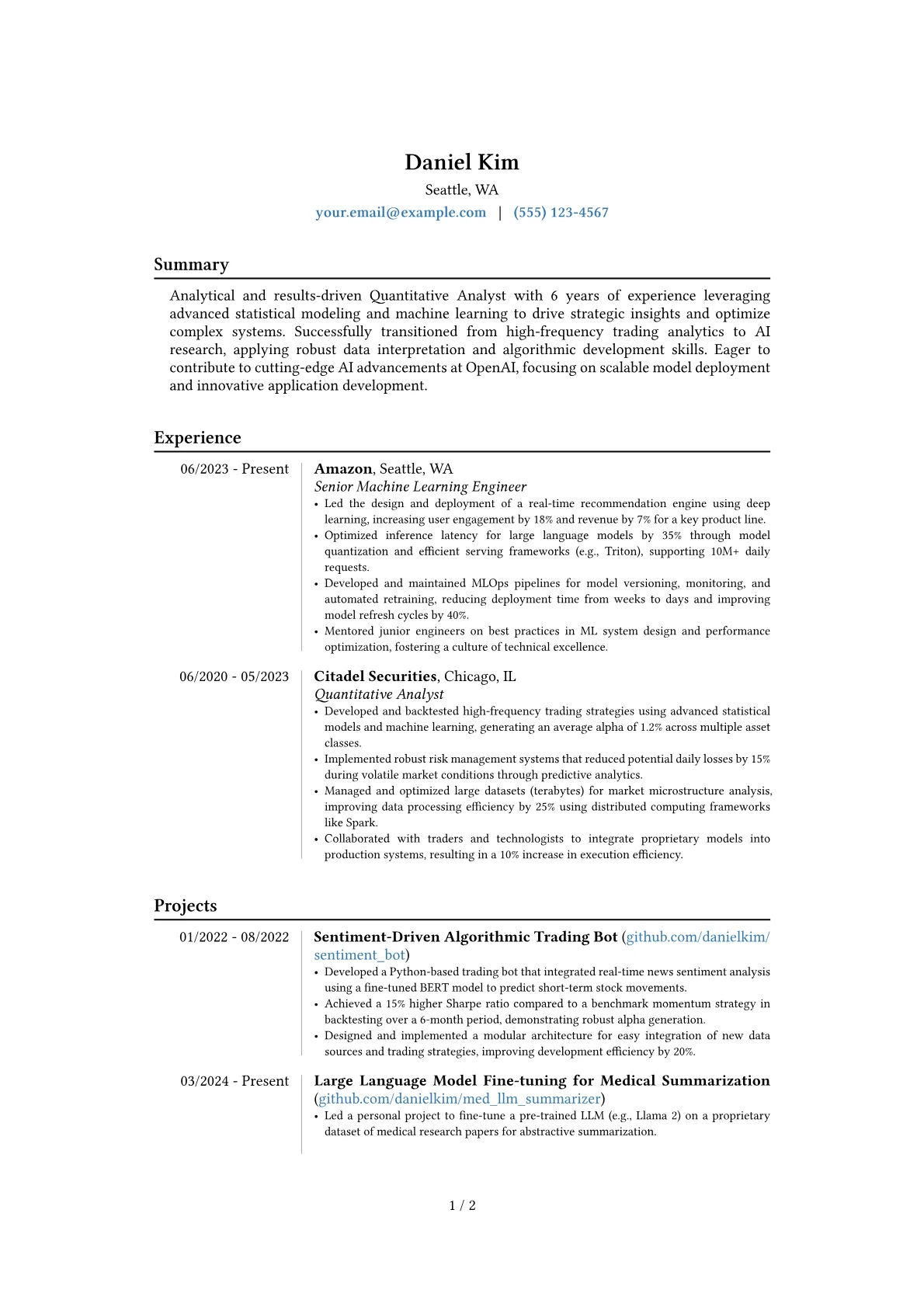 OpenAI resume example, Career changer, page 1