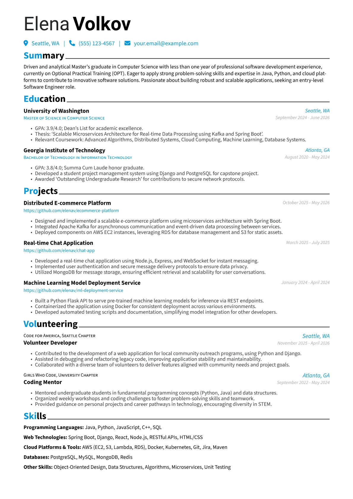 OPT Student resume example, OPT Student, page 1