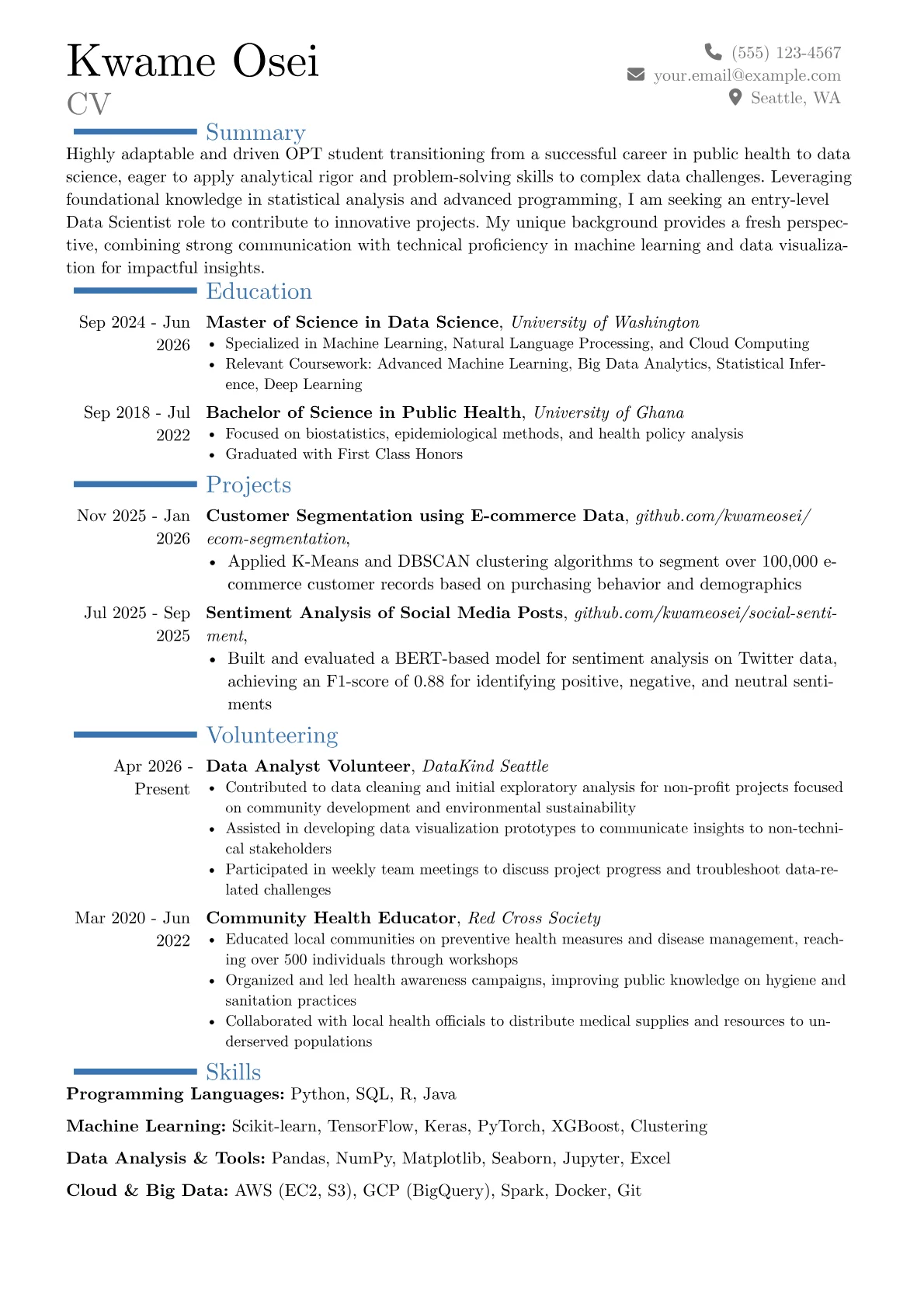OPT Student resume example, Career changer, page 1