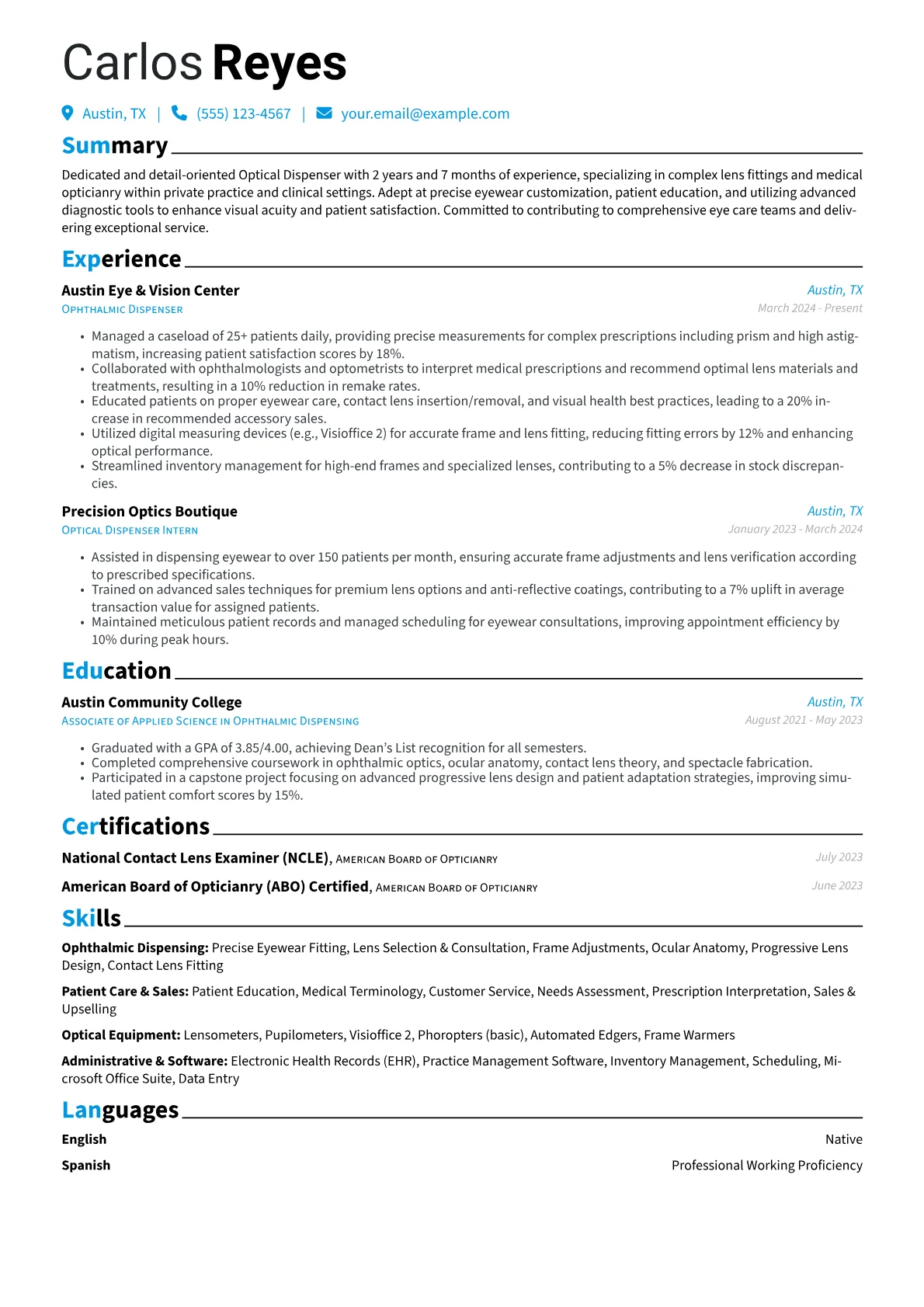 Optical Dispenser resume example, Medical Eye Clinic Focus, page 1