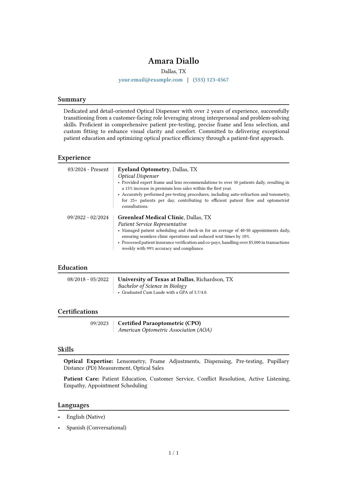 Optical Dispenser resume example, Career changer, page 1