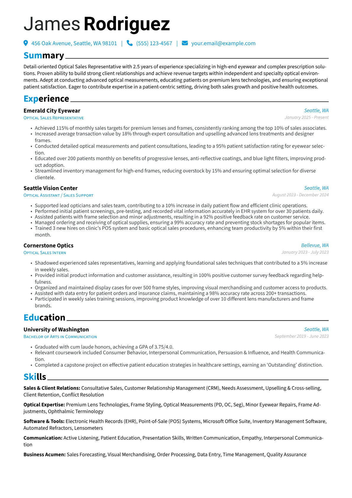 Optical Sales Representative resume example, Entry Level, page 1