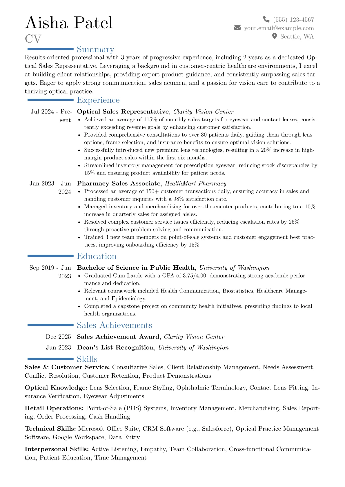 Optical Sales Representative resume example, Career changer, page 1