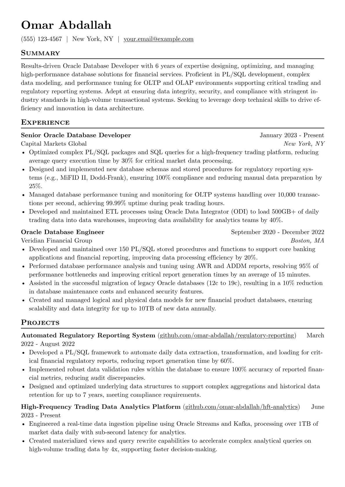 Oracle Database Developer resume example, Financial Services Niche, page 1