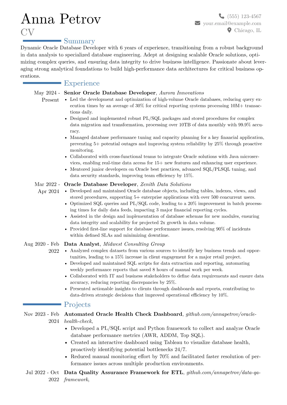 Oracle Database Developer resume example, Career changer, page 1