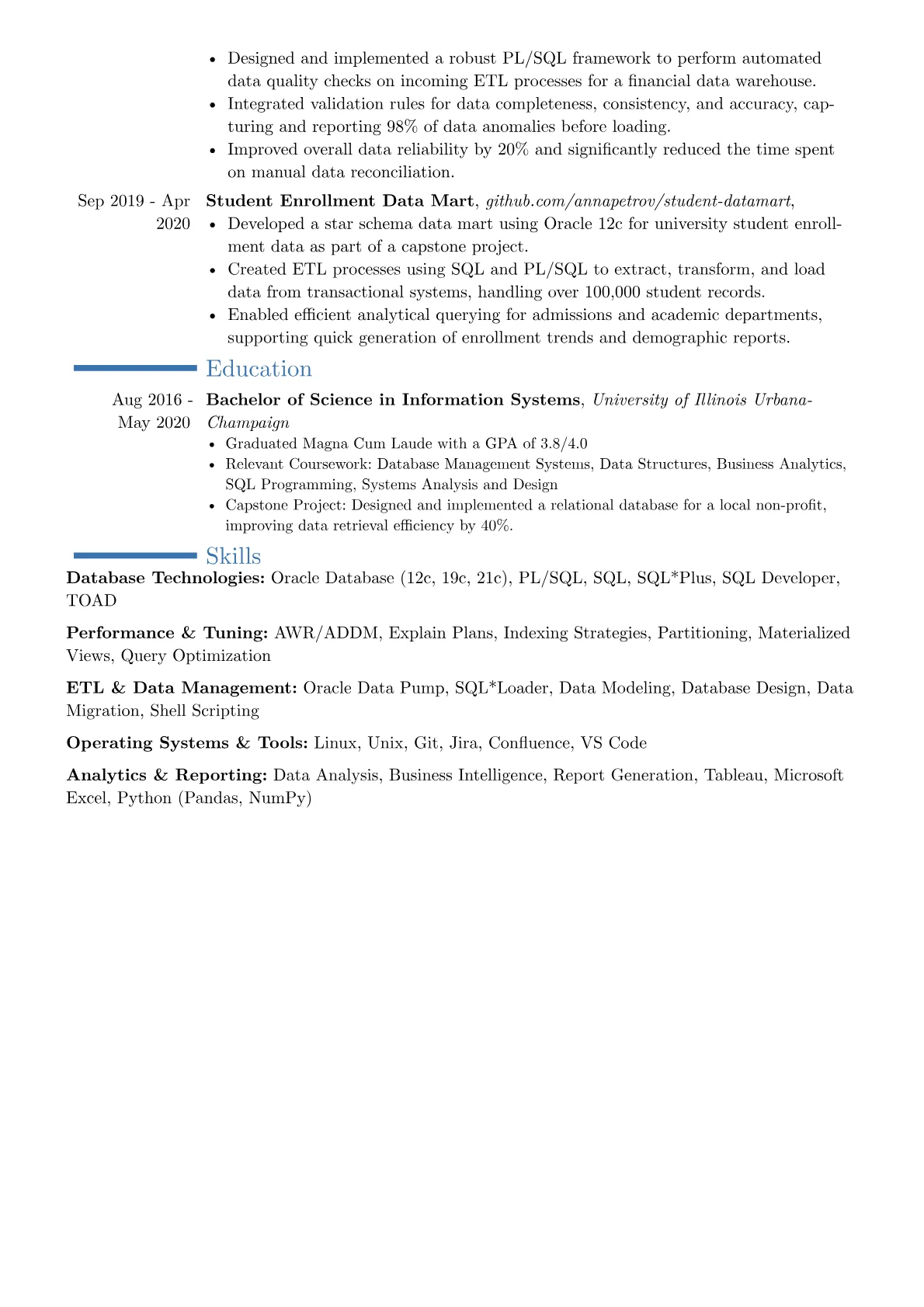 Oracle Database Developer resume example, Career changer, page 2