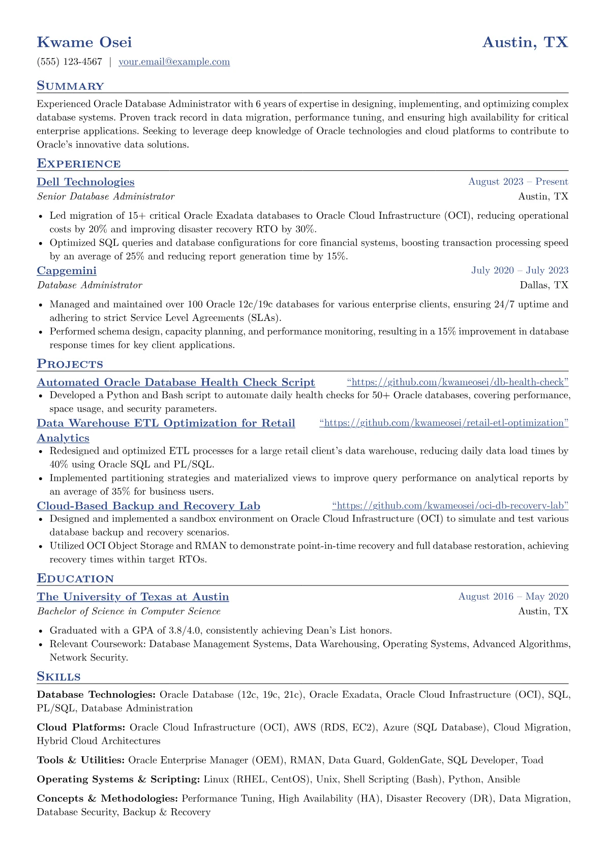 Oracle resume example, Oracle Database, page 1