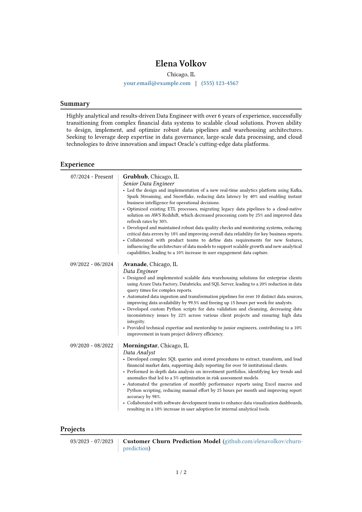 Oracle resume example, Career changer, page 1