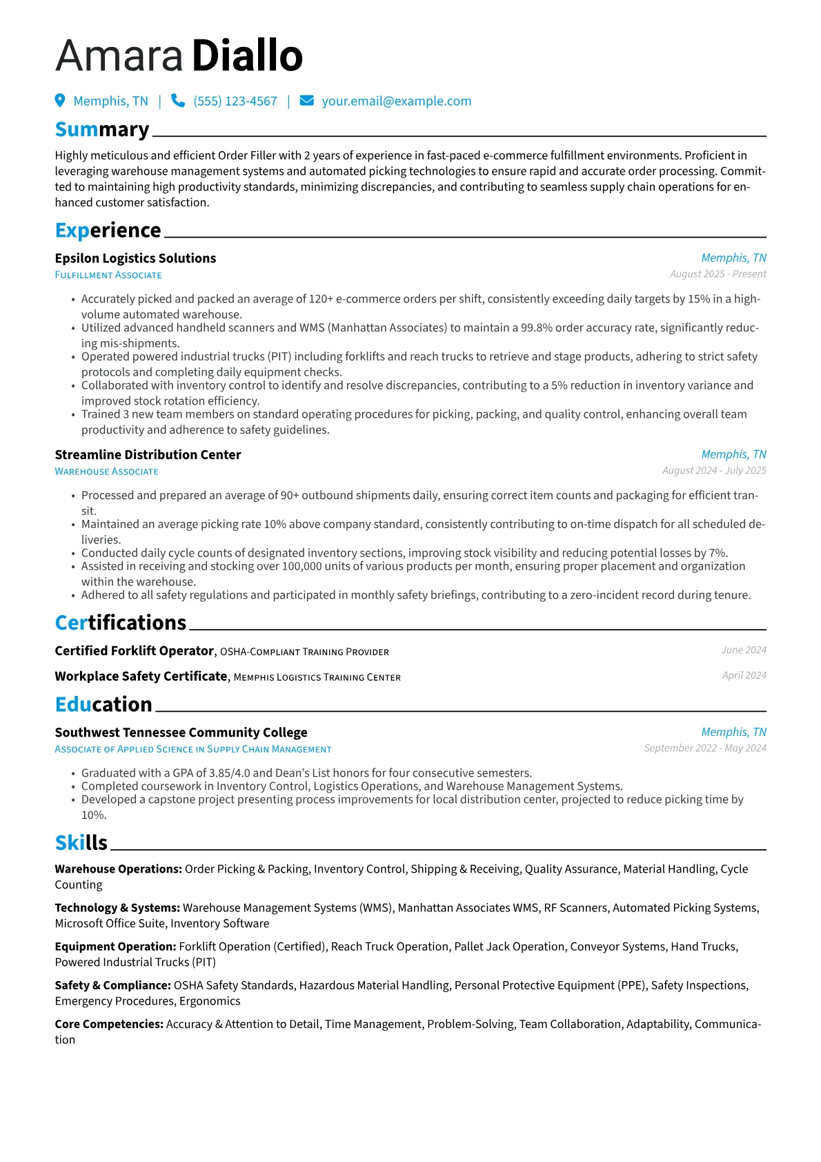 Order Filler resume example, Order Filler - E-commerce, page 1