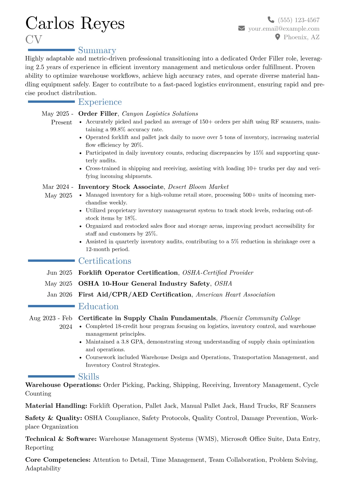 Order Filler resume example, Career changer, page 1