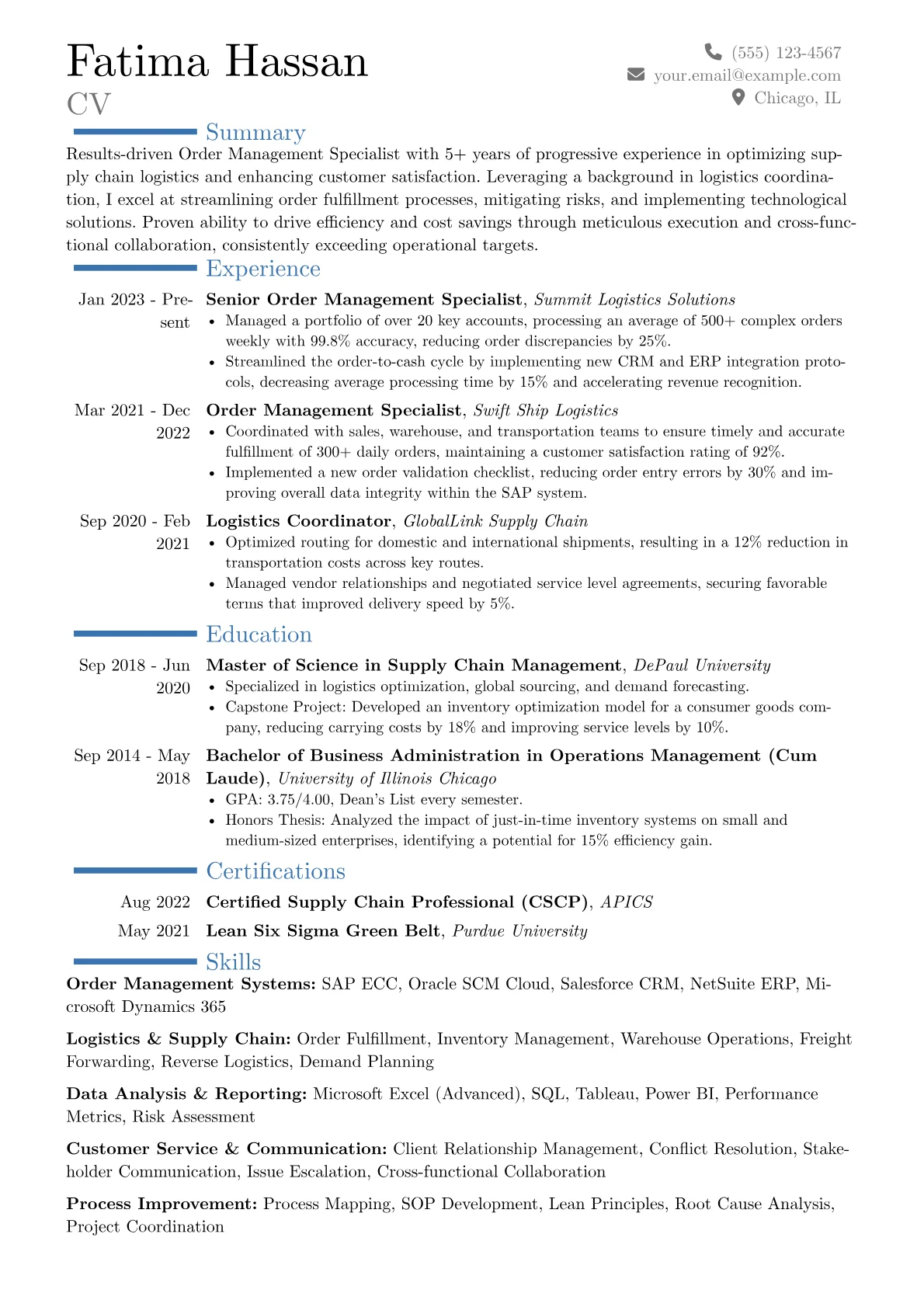 Order Management Specialist resume example, Career changer, page 1