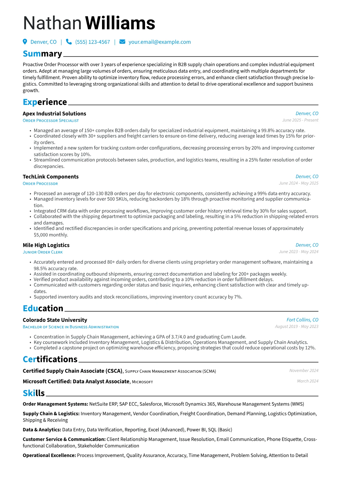 Order Processor resume example, Order Processor B2B, page 1
